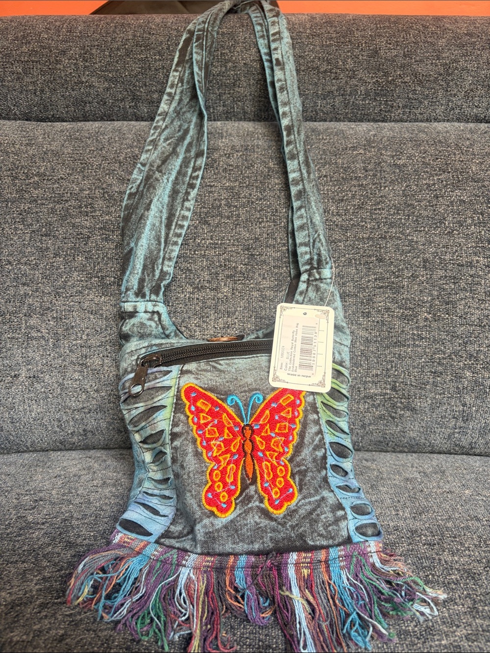 Boho Embroidered Butterfly Fringe Crossbody Bag - Teal Multicolor